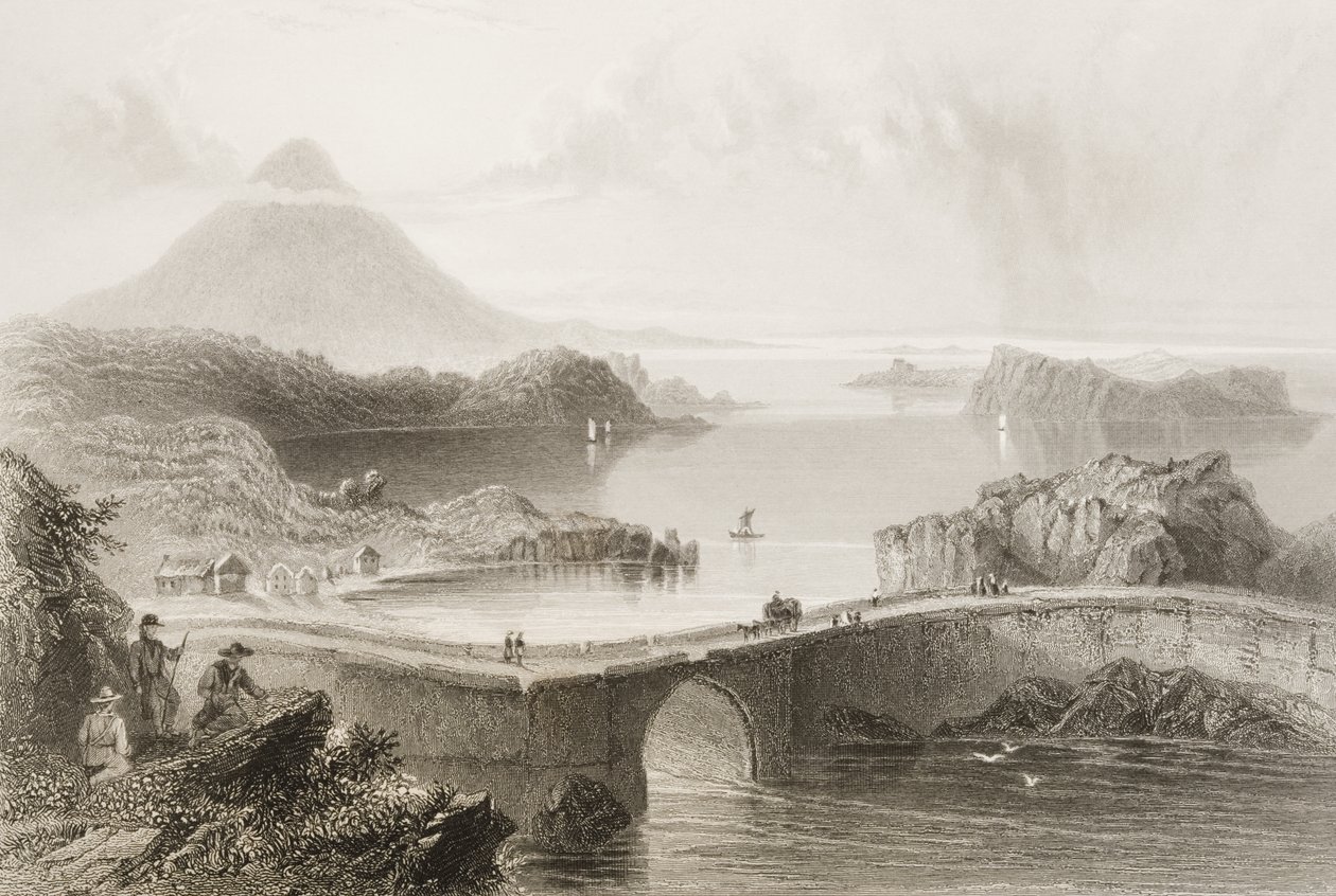 Pontonový most v Lough Conn, hrabství Mayo, Irsko, z „Scenery and Antiquities of Ireland“ od George Virtue, 60. léta 19. století od William Henry Bartlett