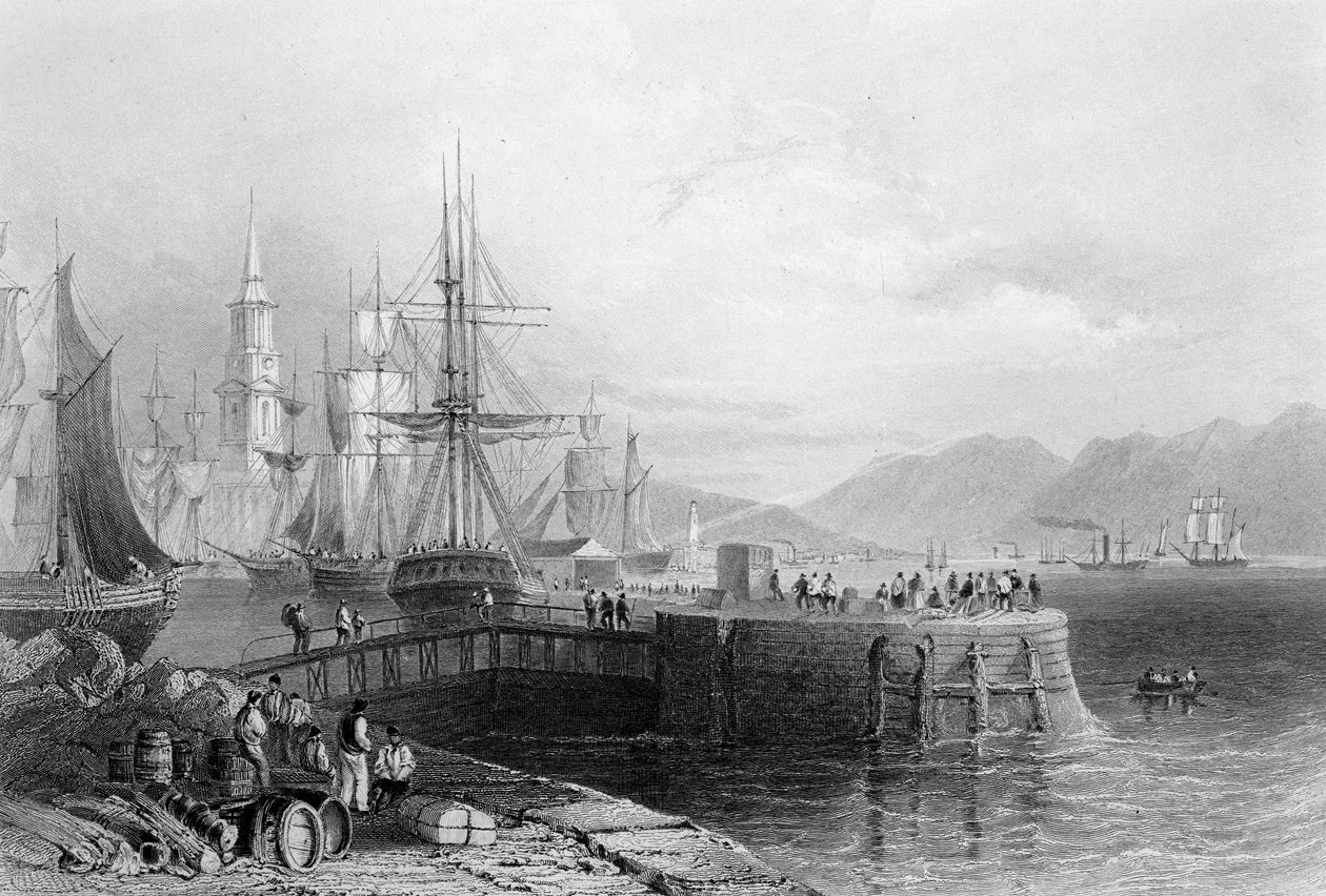 Port Glasgow, vyryl J.W. Appleton, 1841 (rytina) od William Henry Bartlett