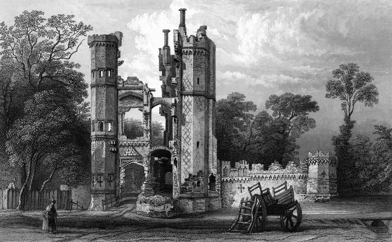 Pozůstatky Nether Hall, poblíž Harlow, Essex, rytý John Rogers, c.1832 (rytina) od William Henry Bartlett
