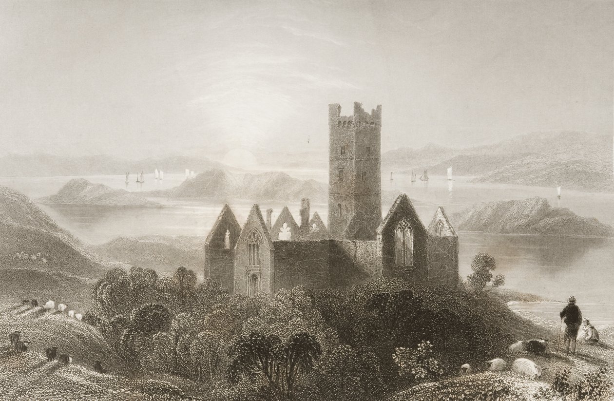 Roserk Abbey, County Mayo, Irsko, z „Scenery and Antiquities of Ireland“ od George Virtue, 1860 od William Henry Bartlett