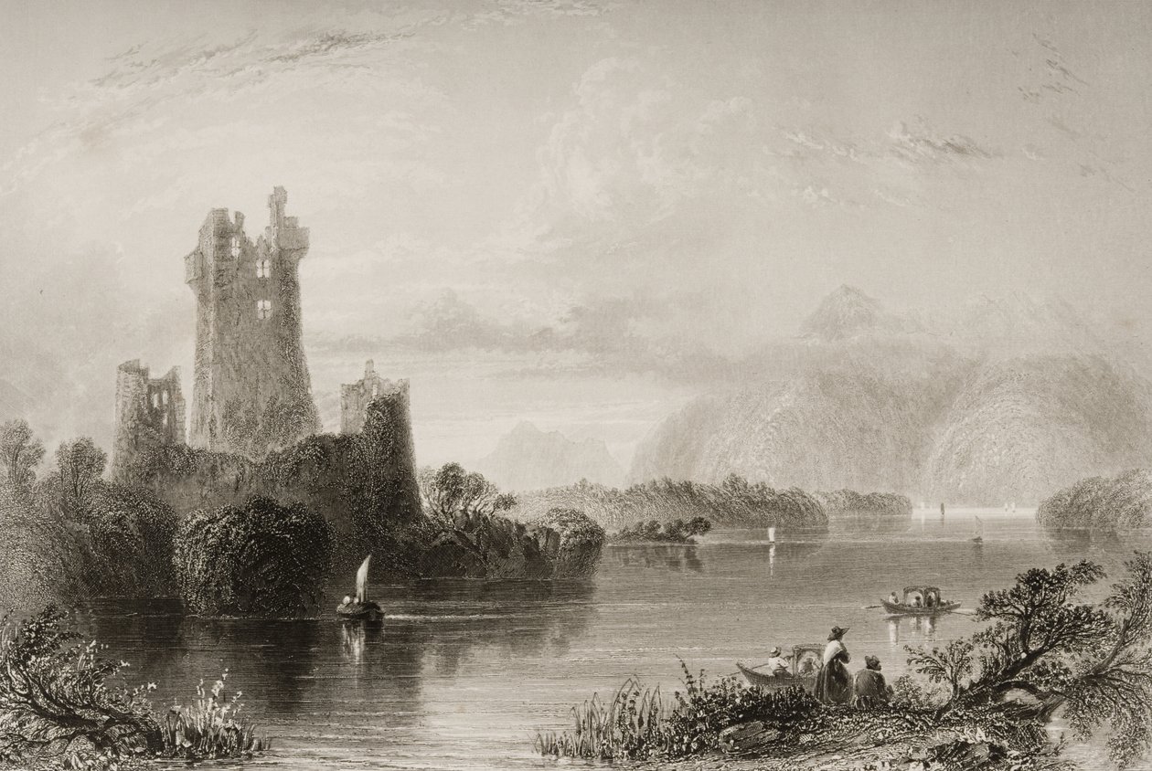 Ross Castle, Killarney, hrabství Kerry, z „Scenérie a starožitnosti Irska“ od George Virtue, 1860 od William Henry Bartlett