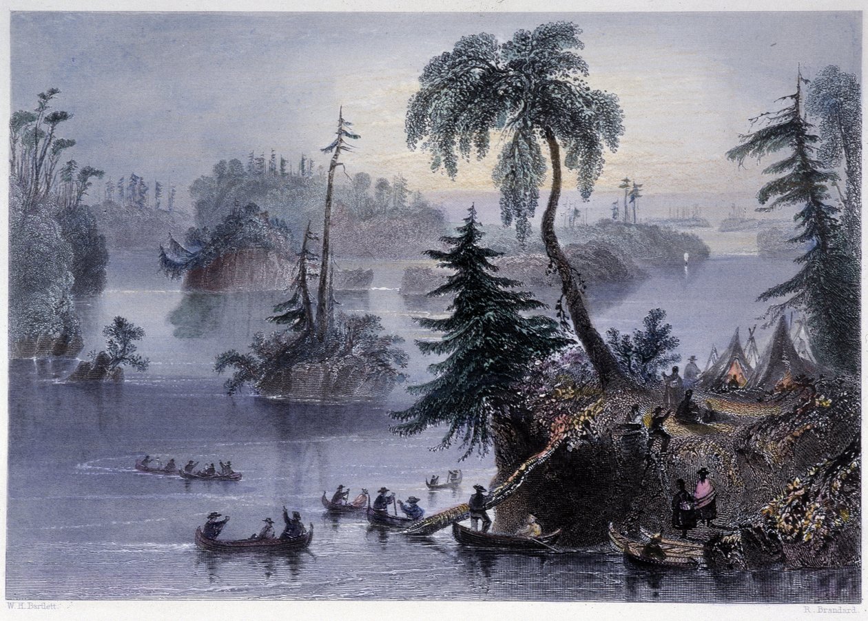 Scéna mezi tisíci ostrovy: Tábor a čluny, Mille îles – v „kanadské scenérii ilustrované“ Bartlettem W. H. od William Henry Bartlett