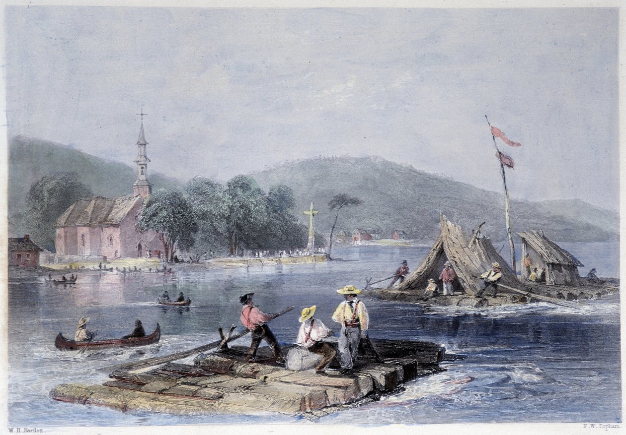 Osadnické vory a přeprava dřeva po jezeře dvou hor – v „kanadské scenérii ilustrované“ Bartlettem W. H. od William Henry Bartlett