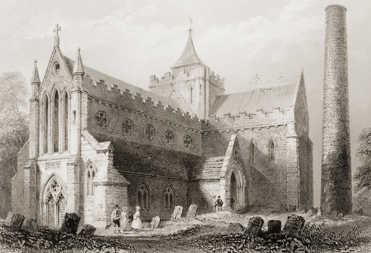 Katedrála sv. Canice, Kilkenny, hrabství Kilkenny, Irsko, z „Scenery and Antiquities of Ireland“ od George Virtue, 60. léta 19. století od William Henry Bartlett
