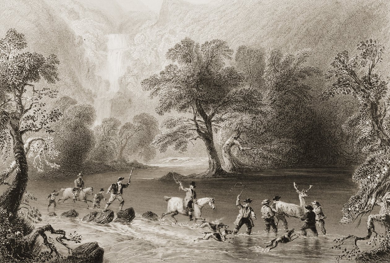 Taking a Stag poblíž Derrycunnihy Cascade, hrabství Kerry, Irsko, z „Scenery and Antiquities of Ireland“ od George Virtue, 1860 (rytina) od William Henry Bartlett