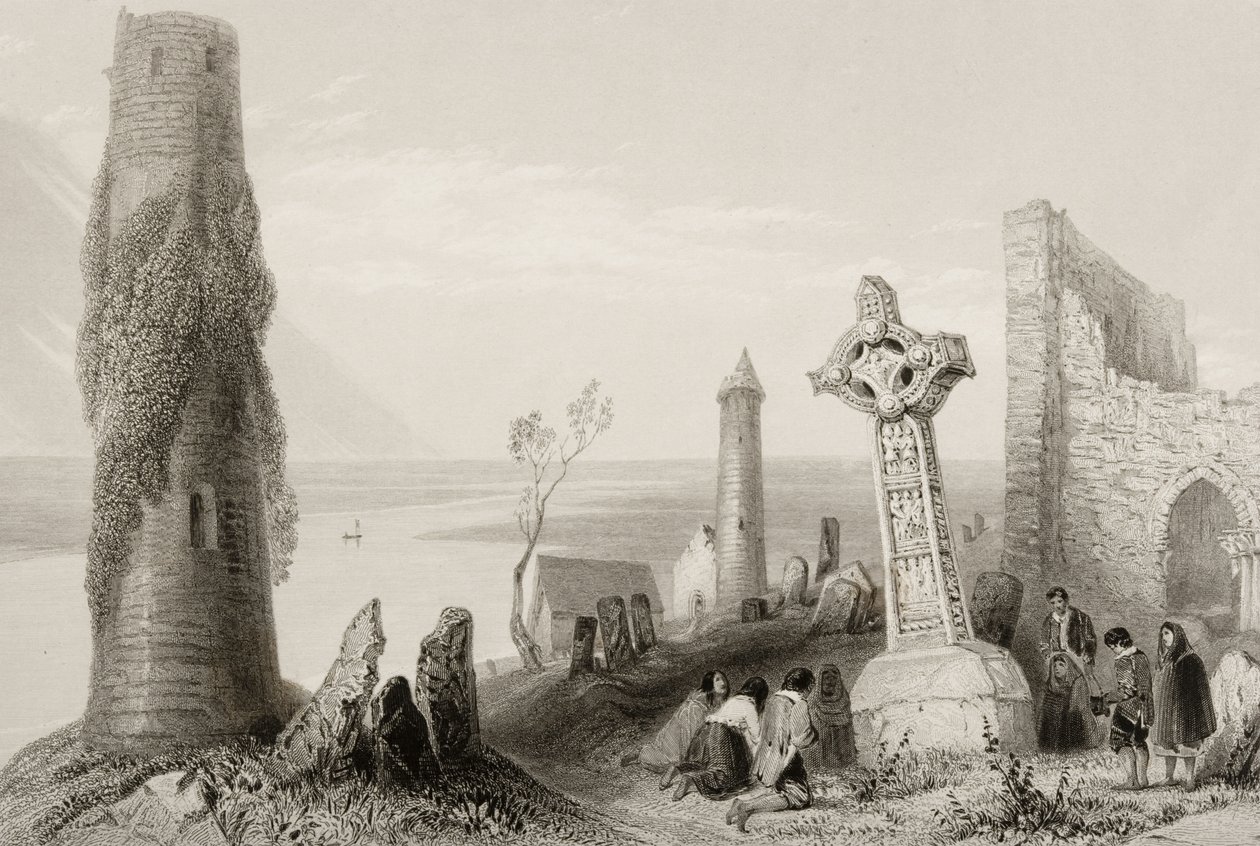 Starověký kříž a kulatá věž v Clonmacnois, hrabství Offaly, Irsko, z „Scenery and Antiquities of Ireland“ (viz 131074) od William Henry Bartlett