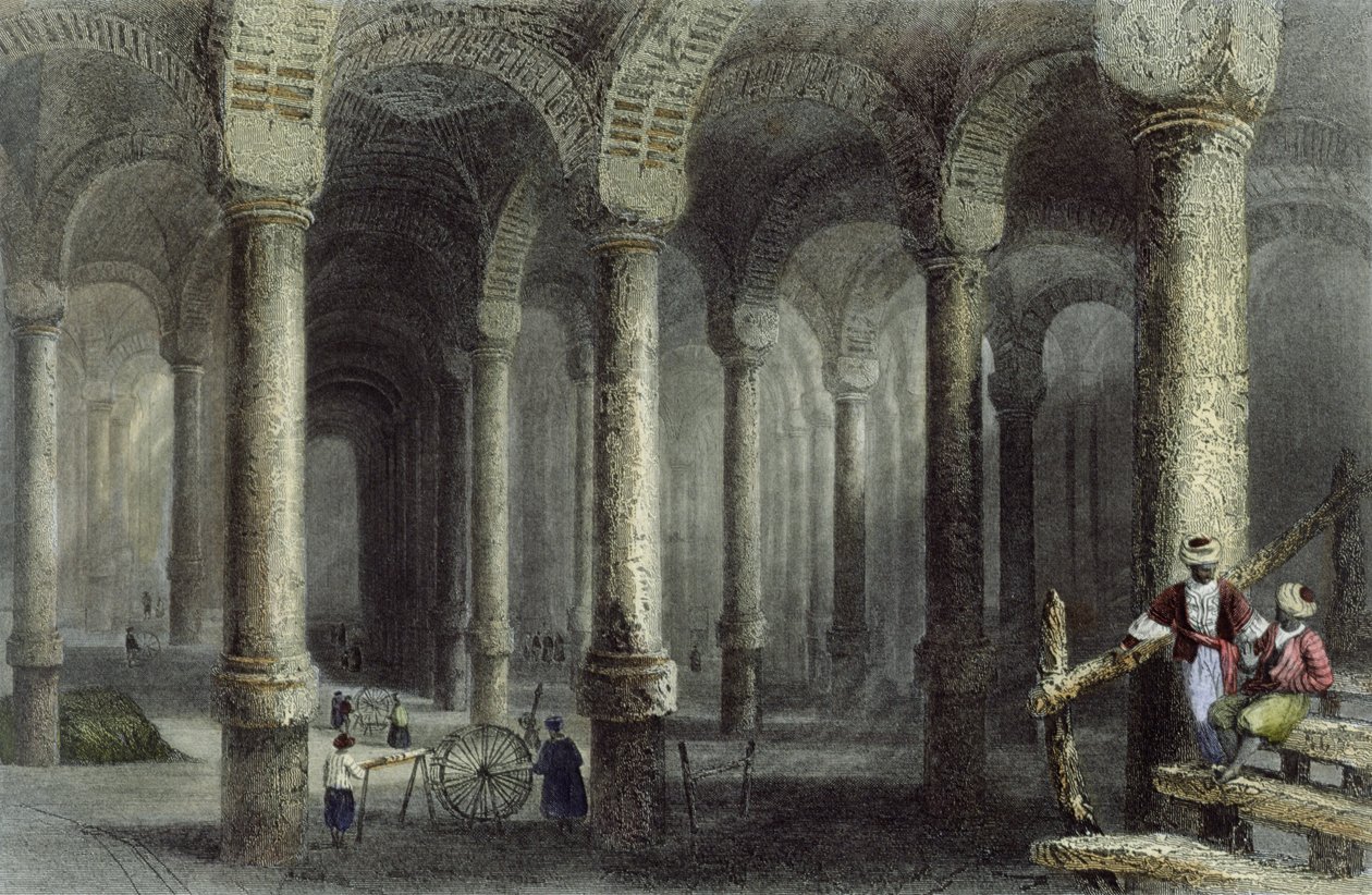 Cisterna Bin-Veber-Direg, neboli Tisíc a jedna, Istanbul, vyryla J. Carter, kolem roku 1850 (akvatinta) od William Henry Bartlett