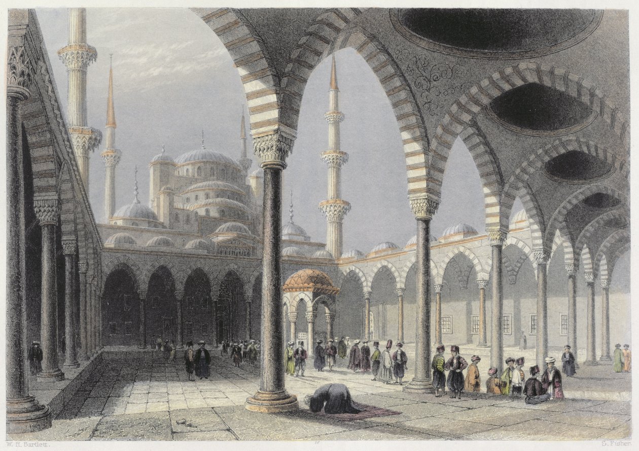 Dvůr mešity sultána Achmeta, Istanbul, vyrytý S. Fisherem, kolem roku 1850 (akvatinta) od William Henry Bartlett