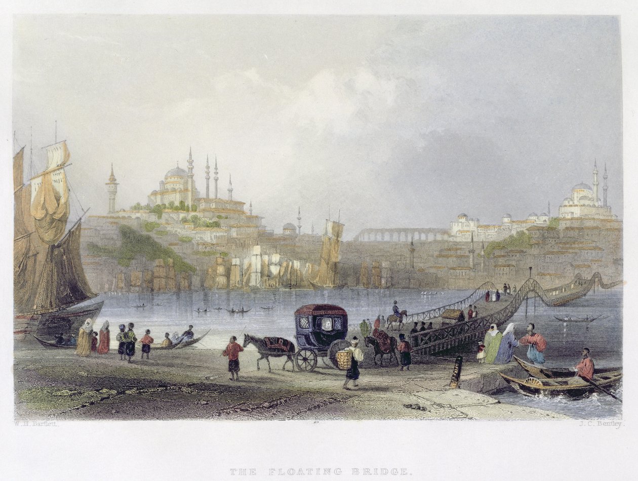 Plovoucí most, Istanbul, rytina J. C. Bentleyho, asi 1850 (akvatinta) od William Henry Bartlett