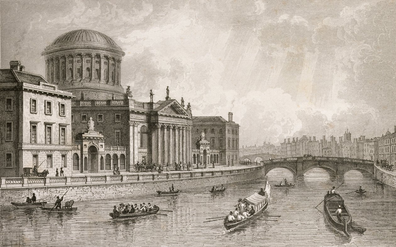 Čtyři soudy, Dublin, rytina Owena od William Henry Bartlett
