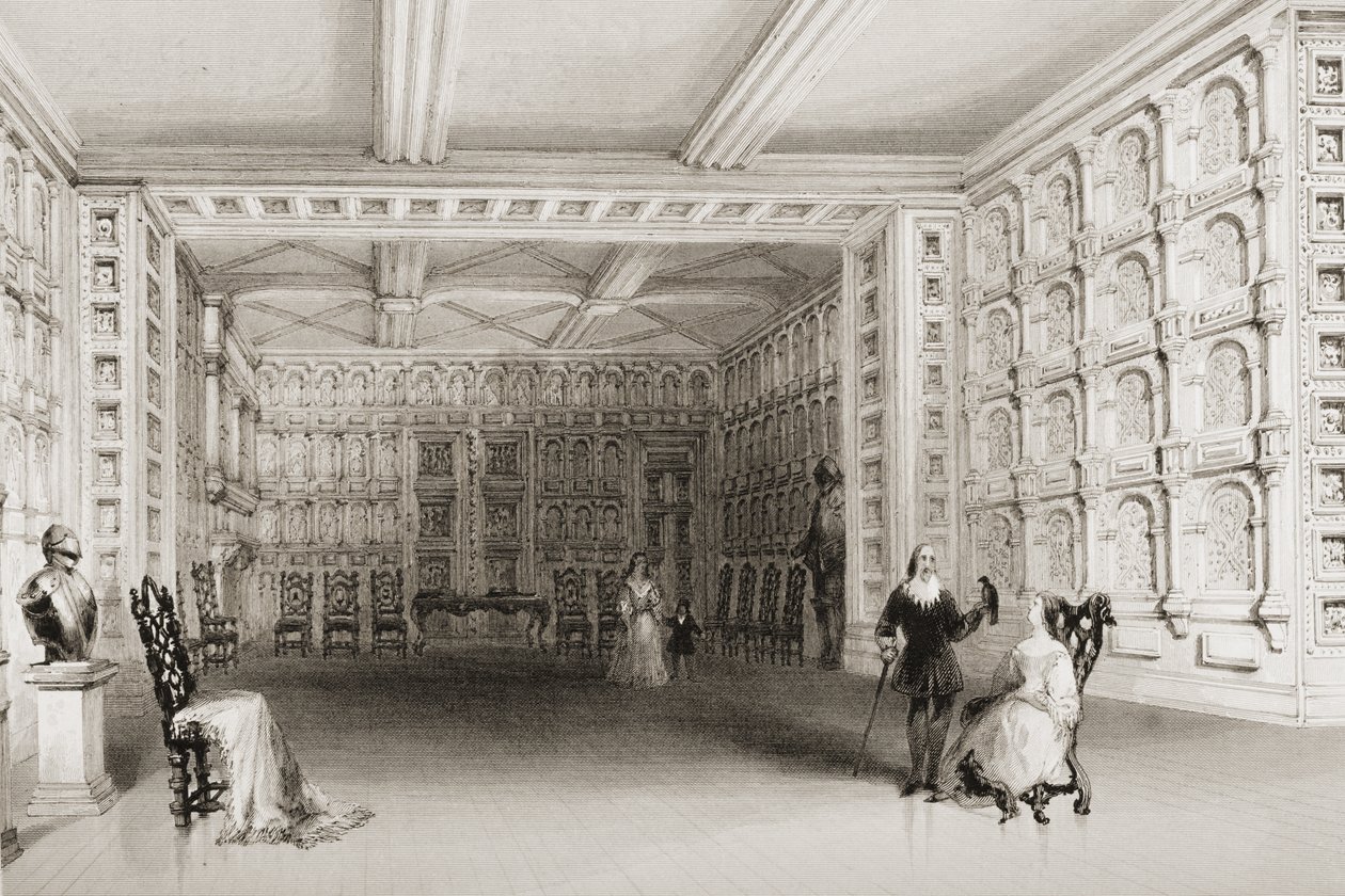 The Oak Room, Malahide Castle, County Dublin, Irsko, z „Scenery and Antiquities of Ireland“ od George Virtue, 60. léta 19. století od William Henry Bartlett