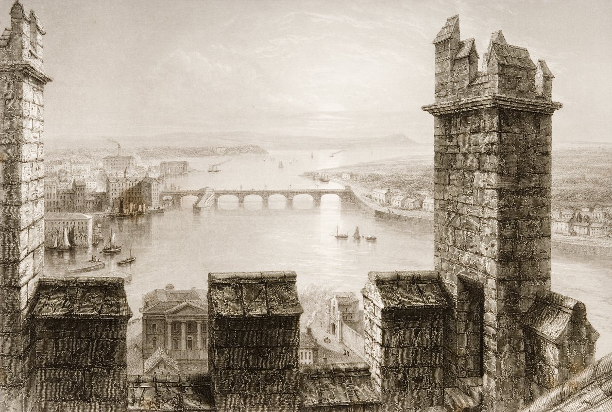 Řeka Shannon a Limerick z katedrální věže, hrabství Limerick, z „Scenery and Antiquities of Ireland“ od George Virtue, 1860 od William Henry Bartlett