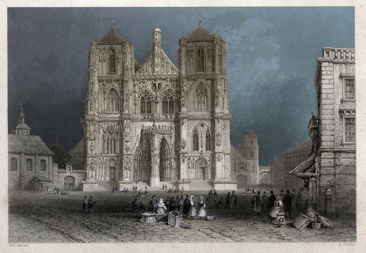 Katedrála nebo kupole svatého Petra v Regensburgu (Regensburg). ca. 1830 (rytina) od William Henry Bartlett