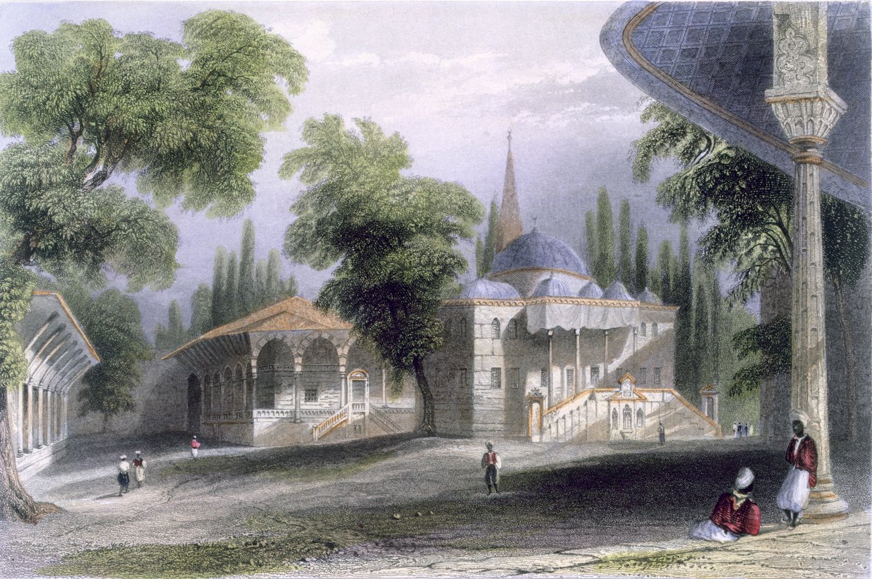 Třetí dvůr Serai Bournou, kolem roku 1850 (barevná akvatinta) od William Henry Bartlett