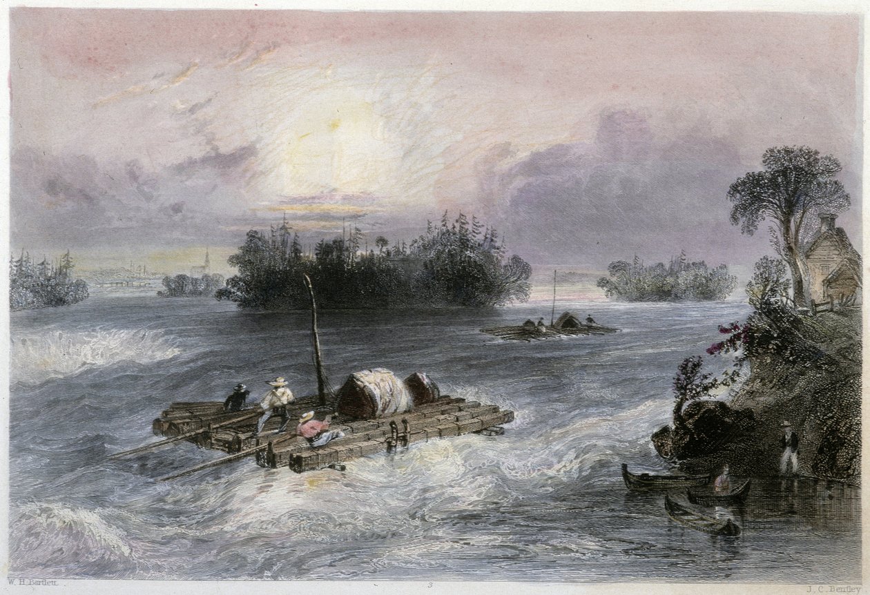 Přeprava dřeva a peřejí do vesnice Cedars – v „kanadské scenérii ilustrované“ Bartlettem W. H. od William Henry Bartlett