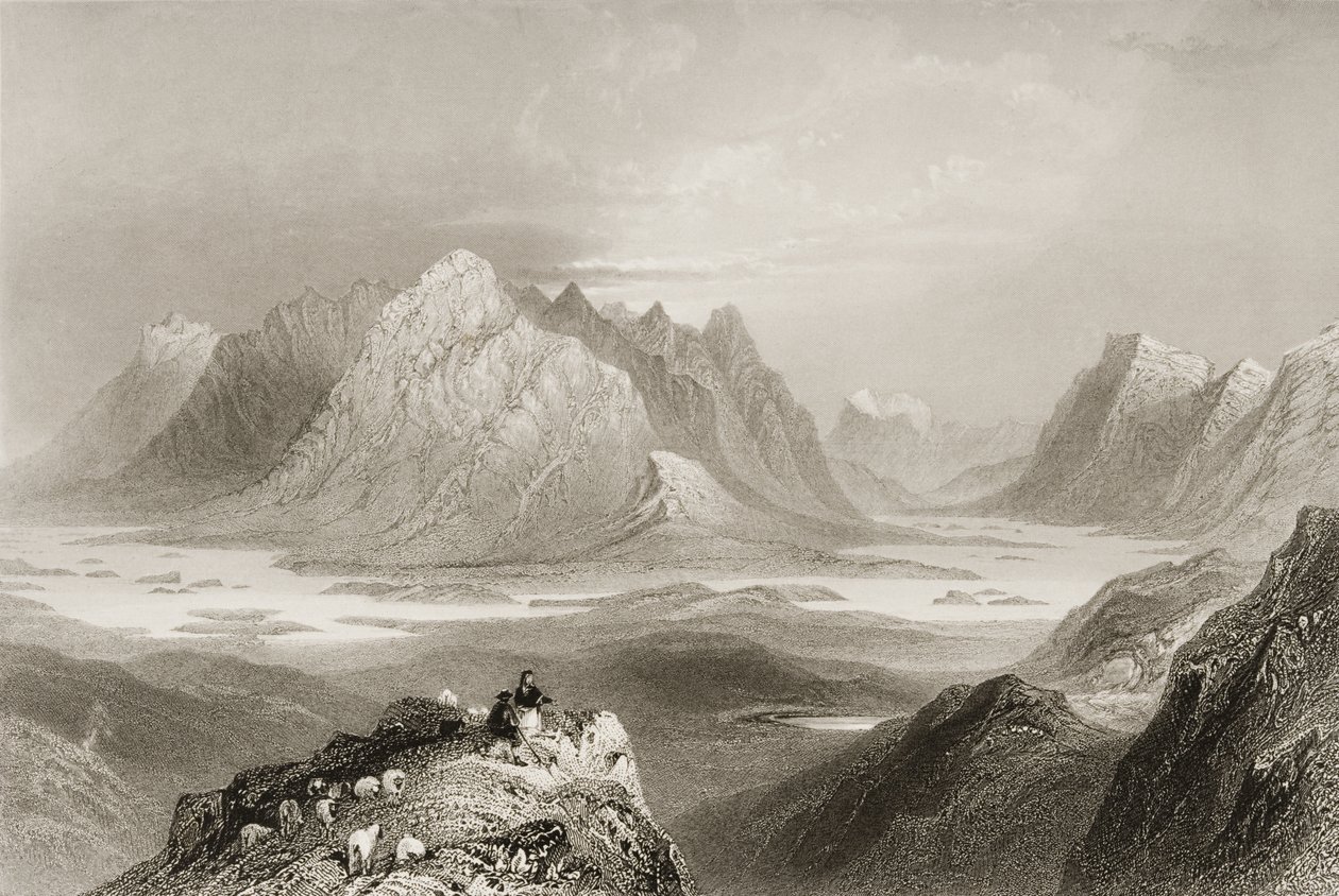 Pohled z Cloonacartin Hill, Connemara, hrabství Galway, z „Scenery and Antiquities of Ireland“ od George Virtue, 1860 od William Henry Bartlett
