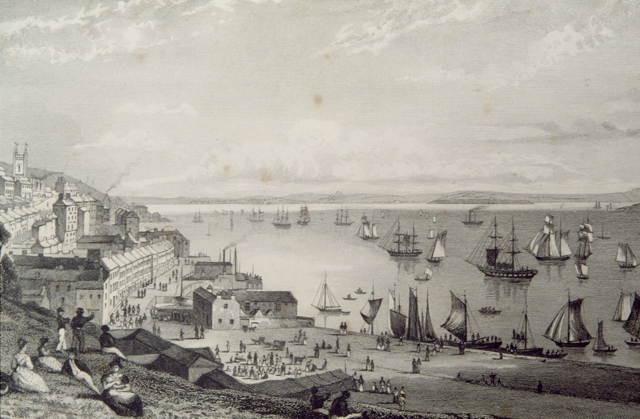 Pohled na přístav Cobh, při pohledu na Rostellan, hrabství Cork, Irsko ve 30. letech 19. století, z „Scenery and Antiquities of Ireland“ od George Virtue, 60. léta 19. století od William Henry Bartlett
