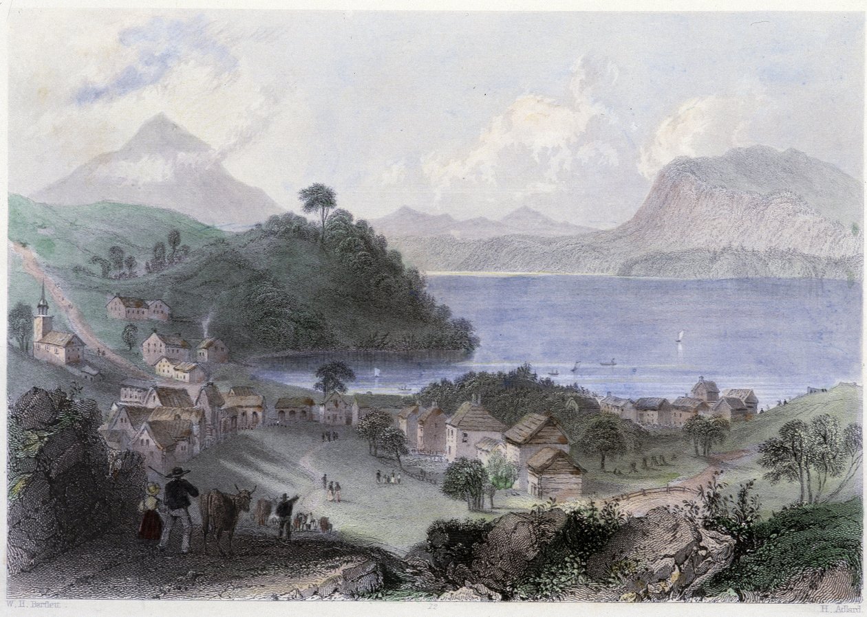 Pohled na Georgeville a jeho jezero – v „kanadské scenérii ilustrované“ Williamem Henrym Bartlettem, ed. George Virtue od William Henry Bartlett