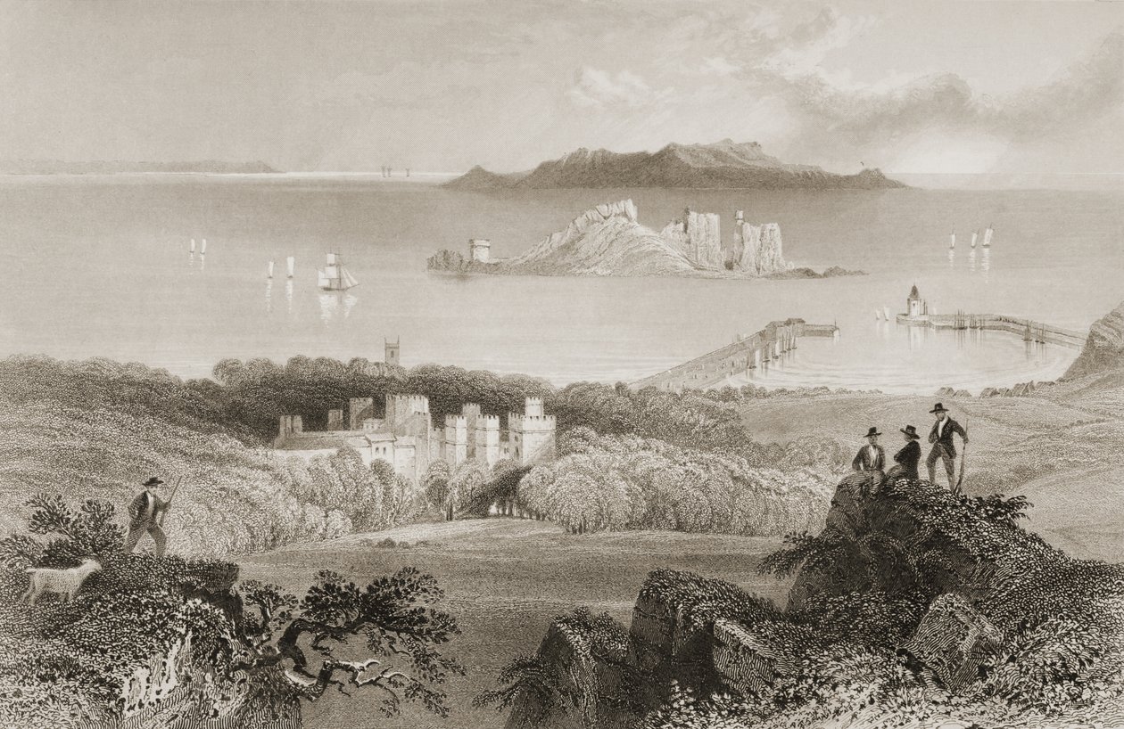 Pohled na hrad Howth, hrabství Dublin, Irsko, z knihy "Scenery and Antiquities of Ireland" od George Virtue, 60. léta 19. století od William Henry Bartlett