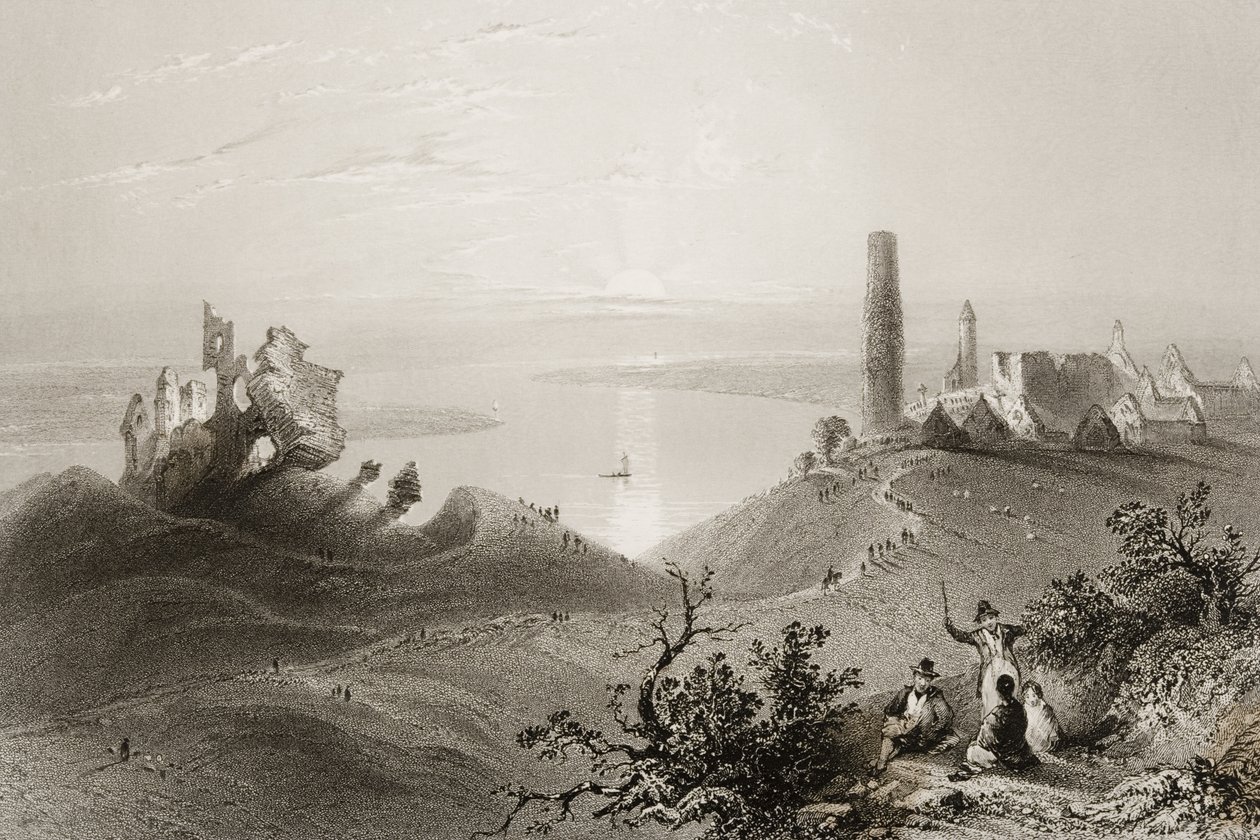Pohled na „Sedm kostelů Clonmacnois“, hrabství Offaly, Irsko, z „Scenérie a starožitnosti v Irsku“ od George Virtue, 60. léta 19. století od William Henry Bartlett