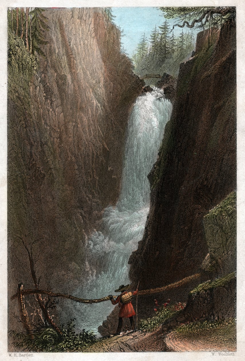 Vodopády Aar, v masivu Aar Gotthard, švýcarské Alpy. cca 1850 (rytina) od William Henry Bartlett