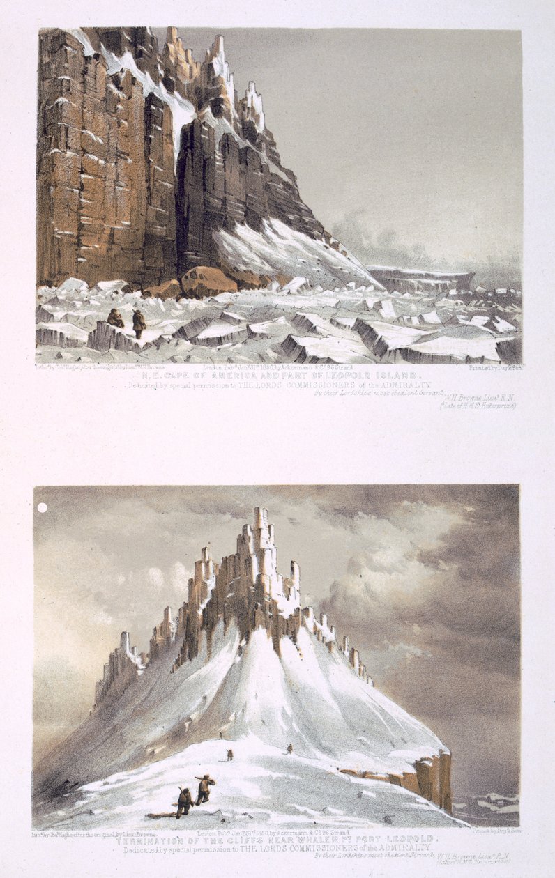 N.E. Cape of America a část Leopoldova ostrova (nahoře) a Termination of the Cliffs u Whaler Point, Port Leopold (dole) z „Deset barevných pohledů pořízených během arktické expedice Jejího Veličenstva“ od William Henry Browne