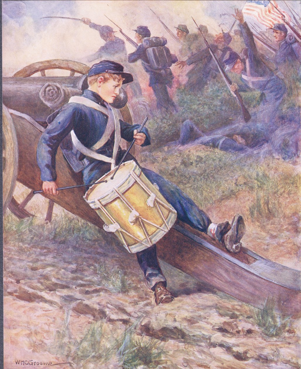 Plazil se za dělem a bledl a bledl, ilustrace z "Balad o slavných bojích" kolem roku 1900. od William Henry Charles Groome