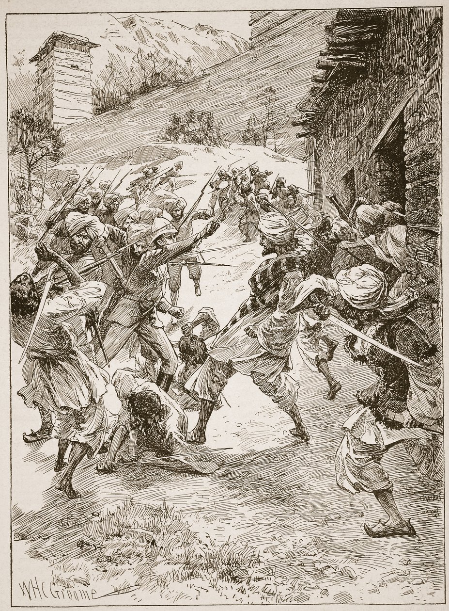 Poručík Harley se v čele čtyřiceti Sikhů a šedesáti Kašmírců vrhl na dům přes ústí dolu, ilustrace z knihy "Bitvy devatenáctého století" od Archibalda Forbese, G. A. Hentyho a dalších. od William Henry Charles Groome