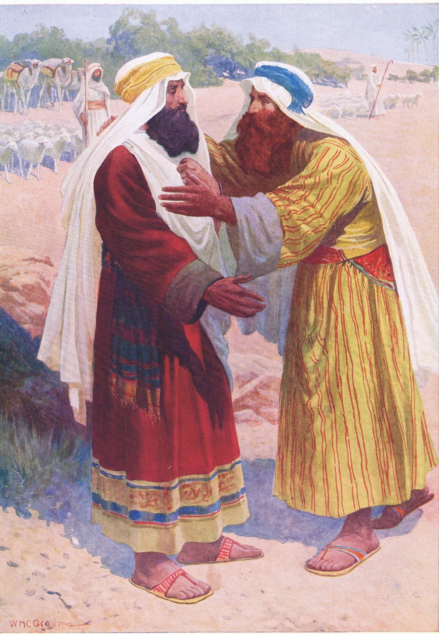Setkání Jákoba a Ezaua, z knihy The Bible Picture Book vydané nakladatelstvím Thomas Nelson, cca 1950. od William Henry Charles Groome