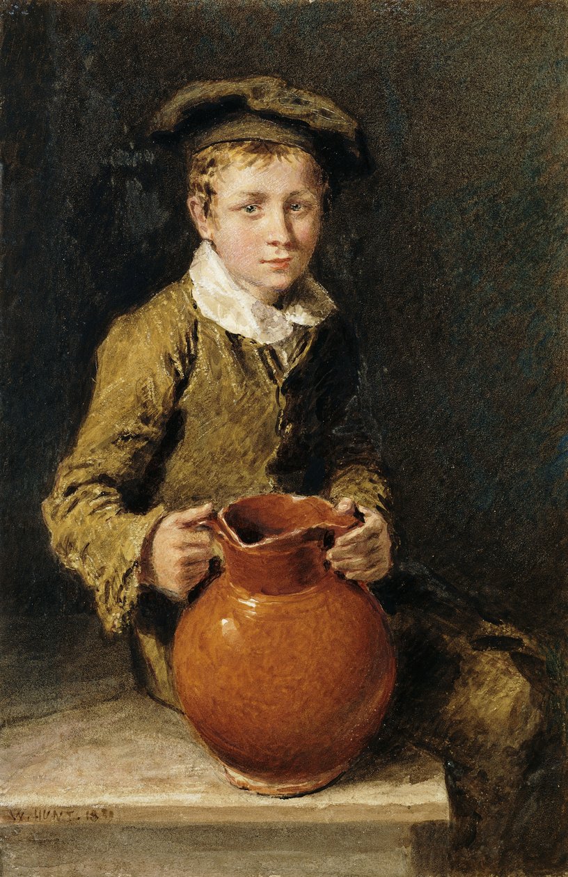 Chlapec sedící na lavičce s džbánem, 1839 od William Henry Hunt