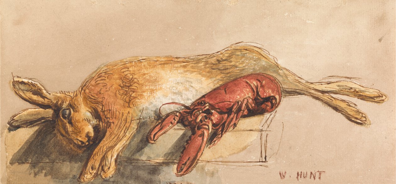 Mrtvý zajíc a vařený humr na lavičce od William Henry Hunt