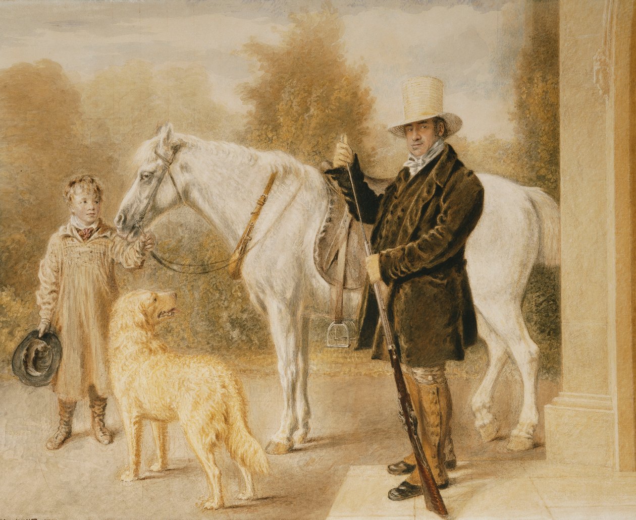 Sportovec s chlapcem, poníkem a psem, 1827 od William Henry Hunt