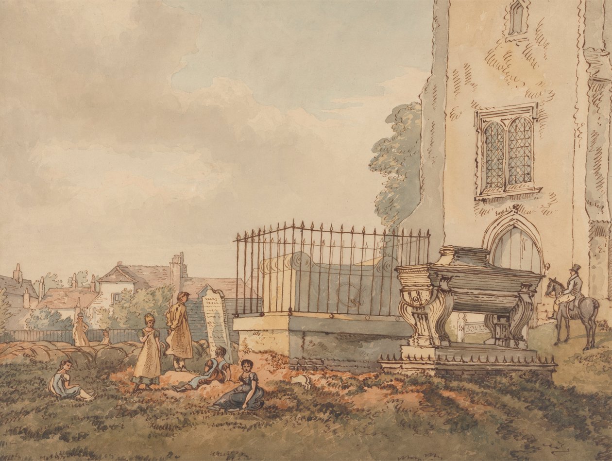 Bushey Churchyard s hrobkami Edridge, Hearne a H. Monro od William Henry Hunt