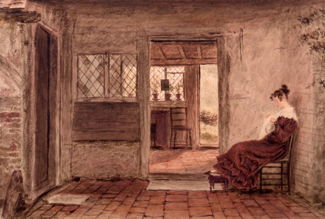 Interiér chaty s dívčím šitím, cca 1828 (akvarel na papíře) od William Henry Hunt
