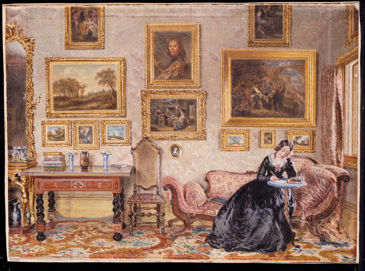 Interiér salonu s dámou u jejího psacího stolu od William Henry Hunt