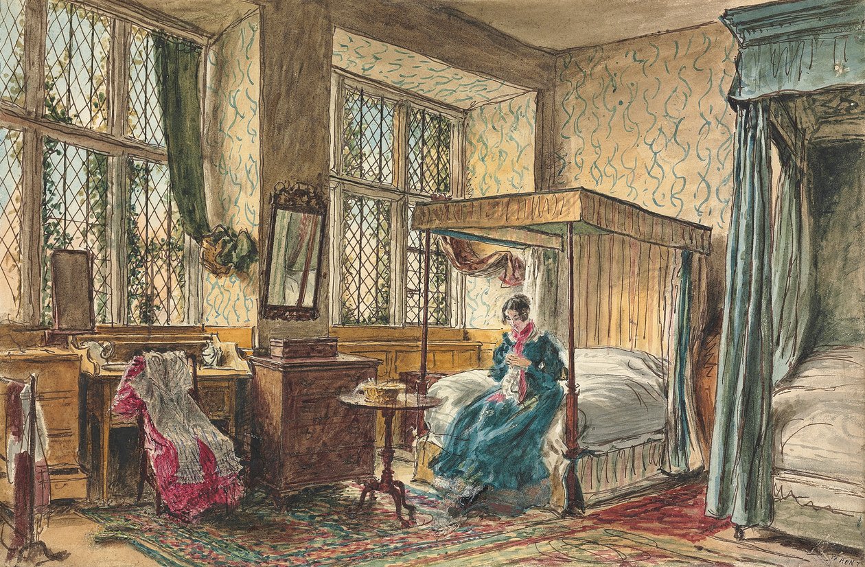 Slečna Mooreová šijící ve své ložnici, Hardwick Hall, Derbyshire od William Henry Hunt