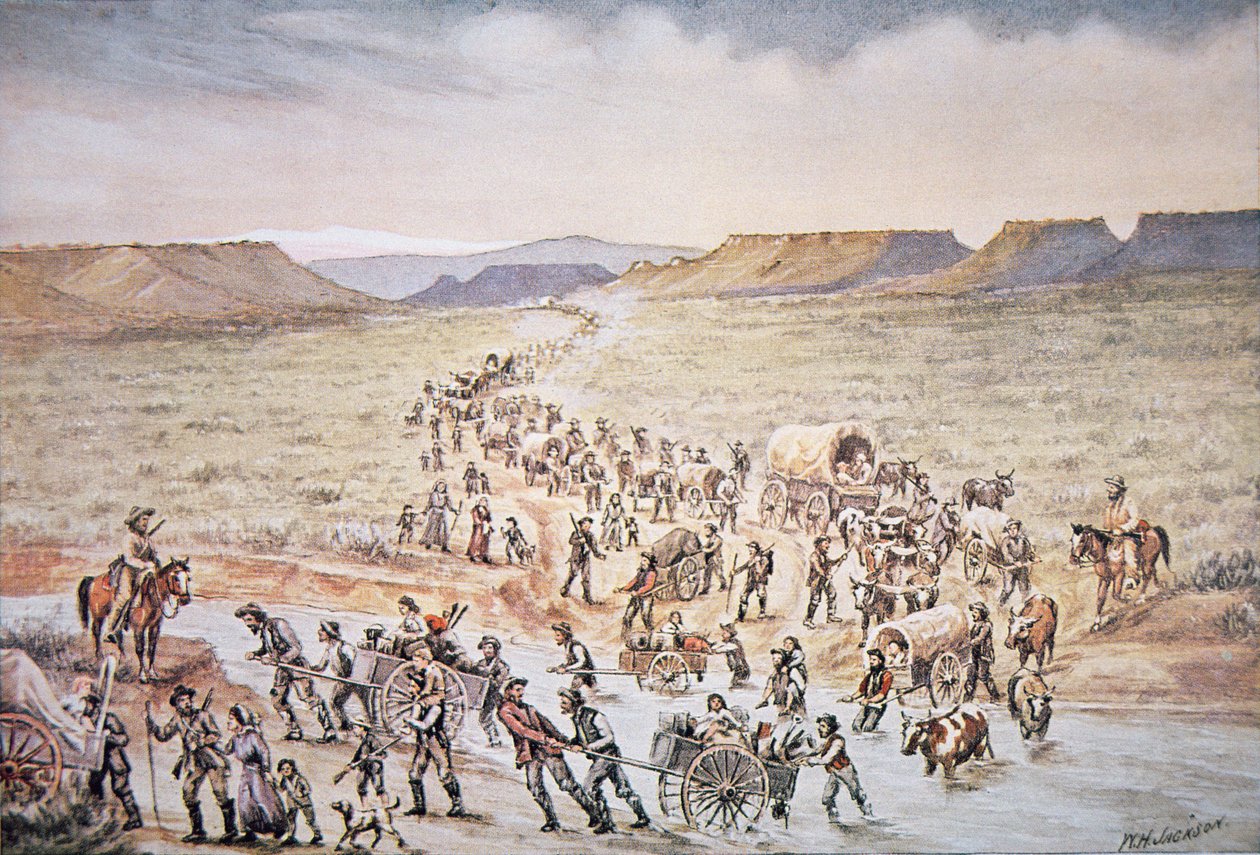 Průkopníci mormonských ručních vozíků mířících na západ do Utahu v roce 1850 (barevné lito) od William Henry Jackson