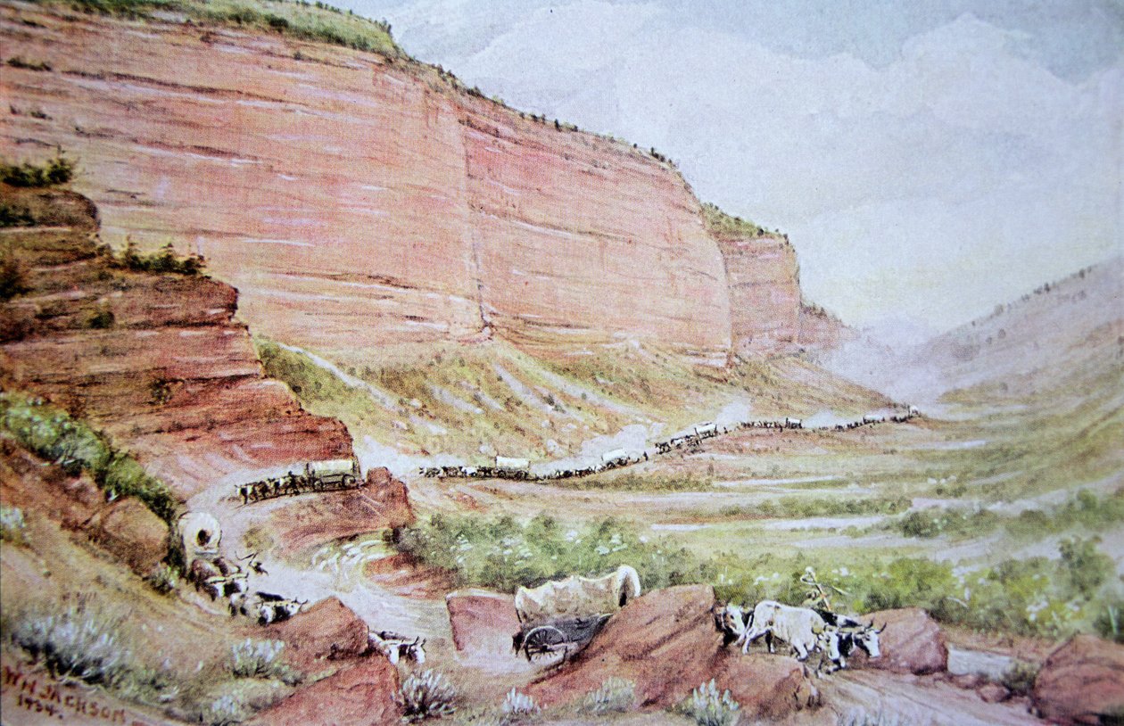 Vlak mormonských vozů projíždějící kaňonem Echo, východně od Salt Lake City, Utah (barevná litografie) od William Henry Jackson
