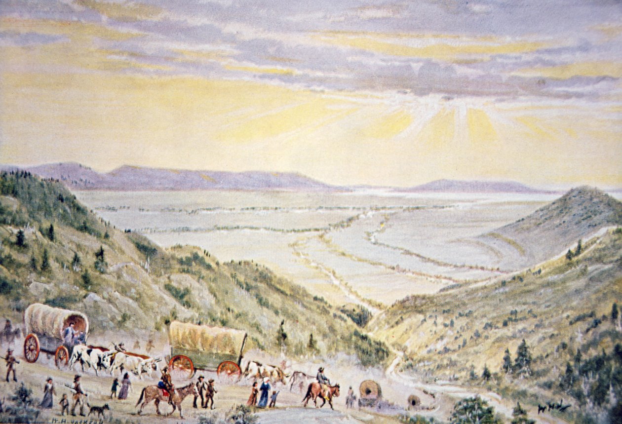 Mormoni sestupují z Little Mountain do Salt Lake City, Utah (barva litho) od William Henry Jackson