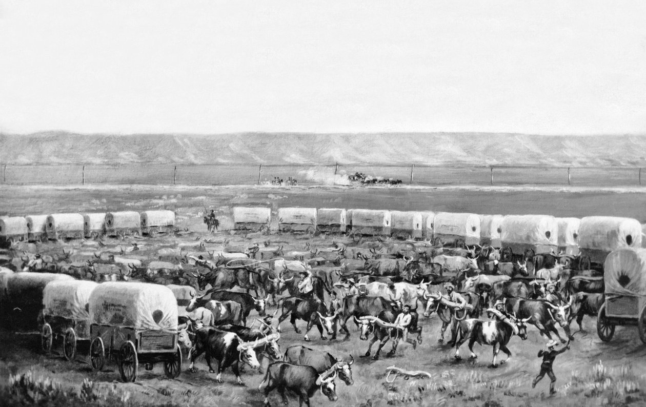 Voli zapřažení v ohradě krytých vozů na obraze od W. H. Jacksona, Scotts Bluff, Nebraska: c. 1875 od William Henry Jackson