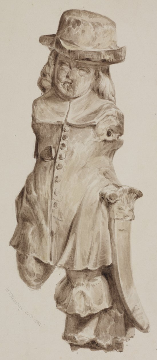 Vyřezávaná postava v dubu, najednou ve dveřích domu postaveného na místě Boars Head Tavern, Eastcheap, 1834 (umýt na papíře) od William Henry Kearney