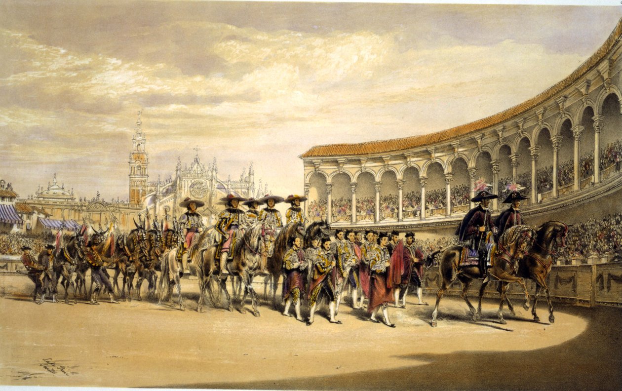 Vstup toreros v průvodu. Lake Price (c1810-1896) anglický umělec. Zpracování toreadorů na stadionu v Seville, Španělsko. Corrida Matador Tradition kostým Krvavé sportovní brýle od William Henry Lake Price