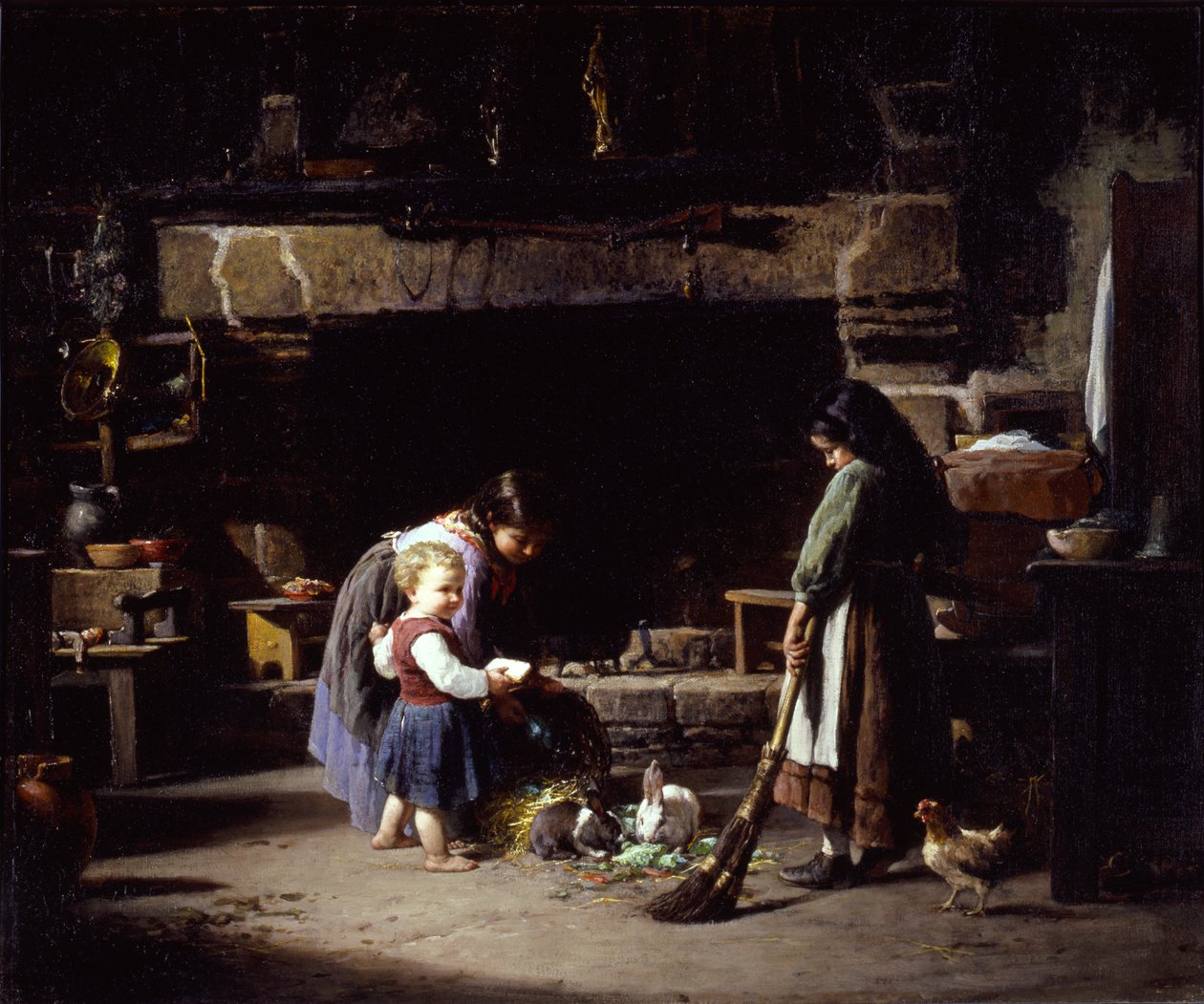 Interiér farmy: Bretonské děti krmící králíky, 1878. od William Henry Lippincott