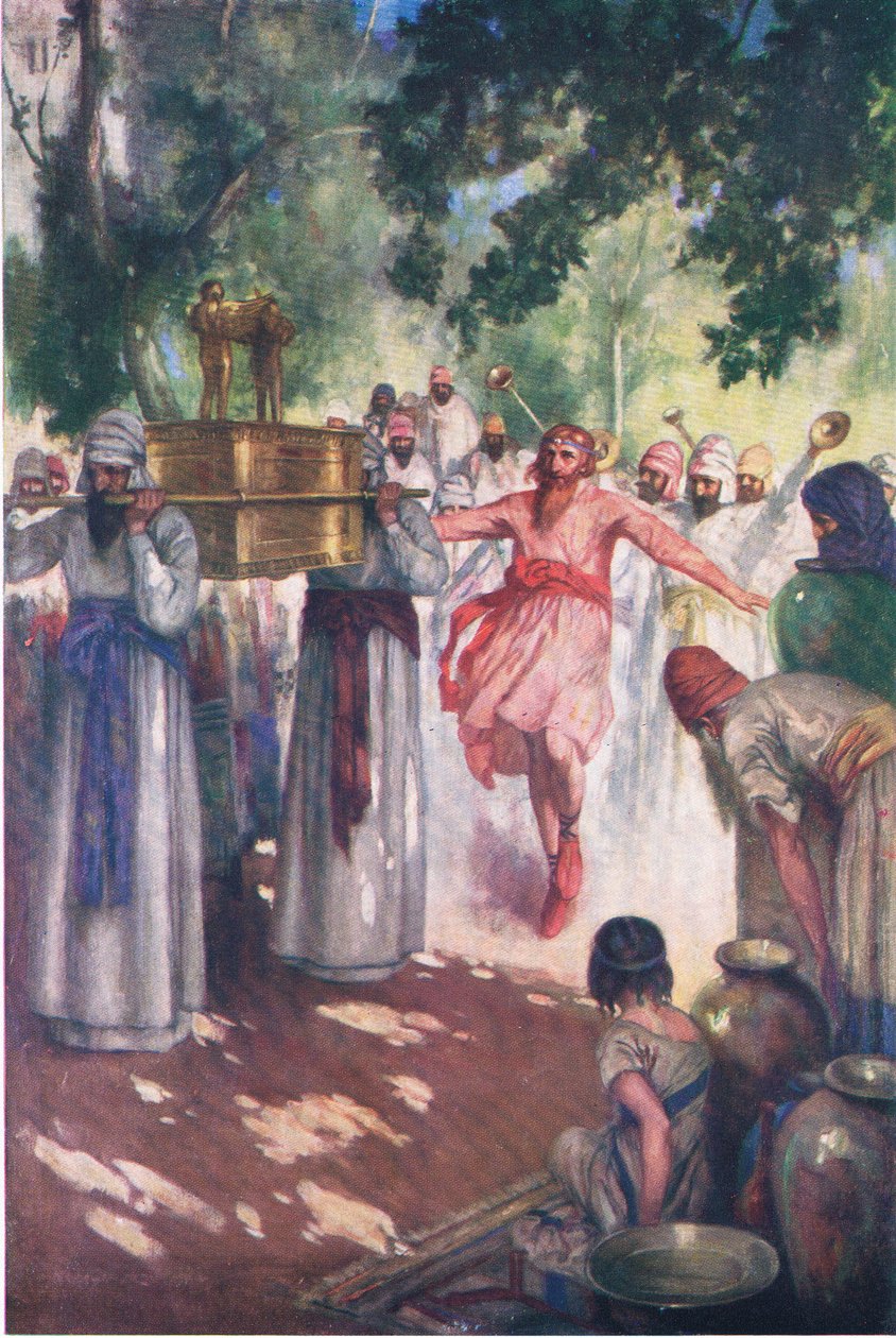 David přináší archu do Jeruzaléma z knihy The Bible Picture Book vydané Thomasem Nelsonem kolem roku 1950 od William Henry Margetson