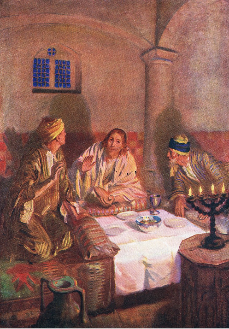 Večer v Emauzích, z knihy The Bible Picture Book vydané Thomasem Nelsonem, kolem roku 1950 od William Henry Margetson
