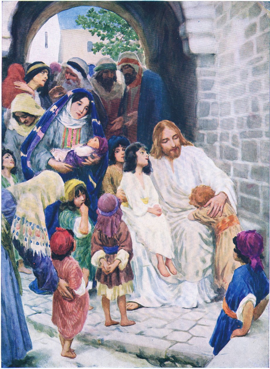 Ježíš a děti, z The Bible Picture Book vydané Thomasem Nelsonem, kolem roku 1950 od William Henry Margetson