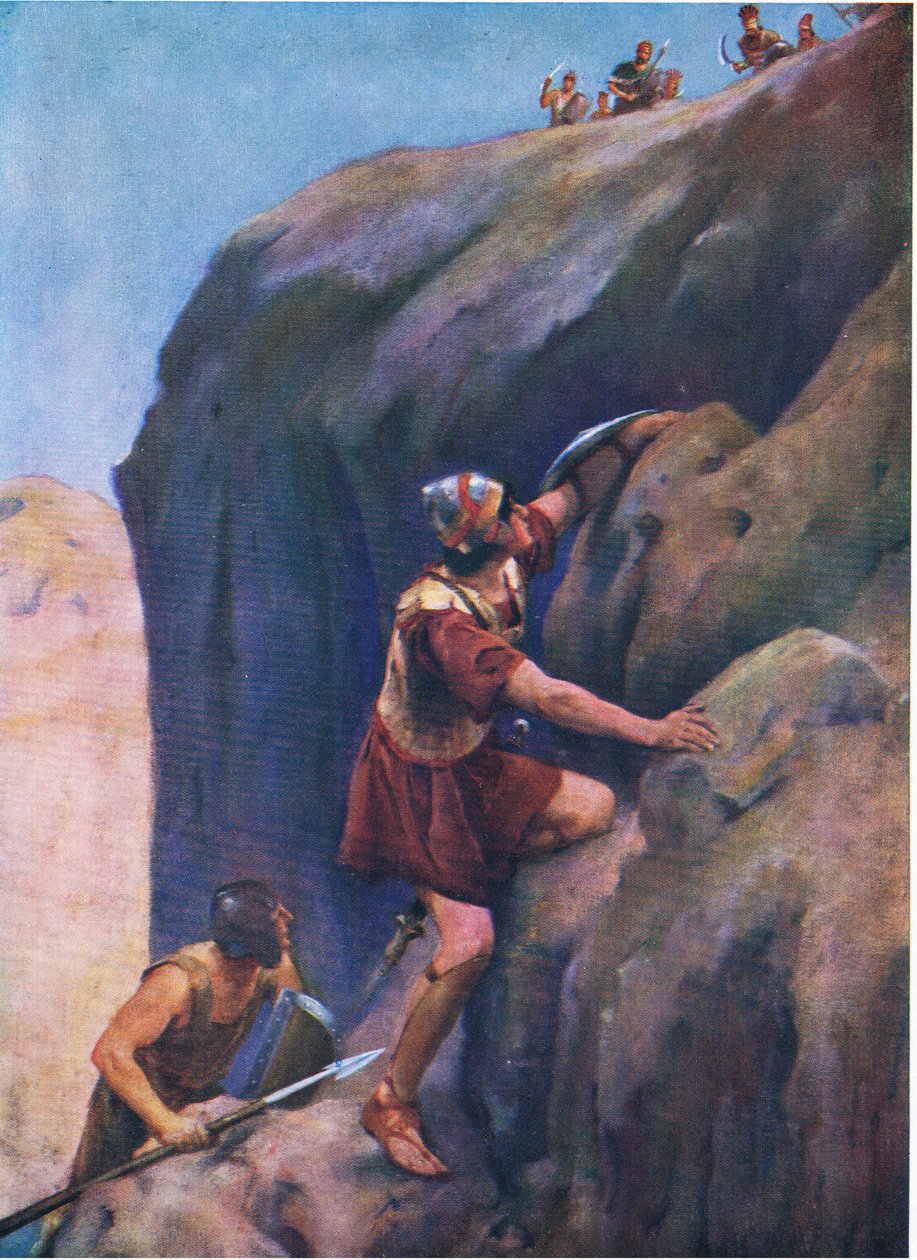 Jonathan a jeho zbrojnoš, z knihy The Bible Picture Book vydané Thomasem Nelsonem, kolem roku 1950 od William Henry Margetson