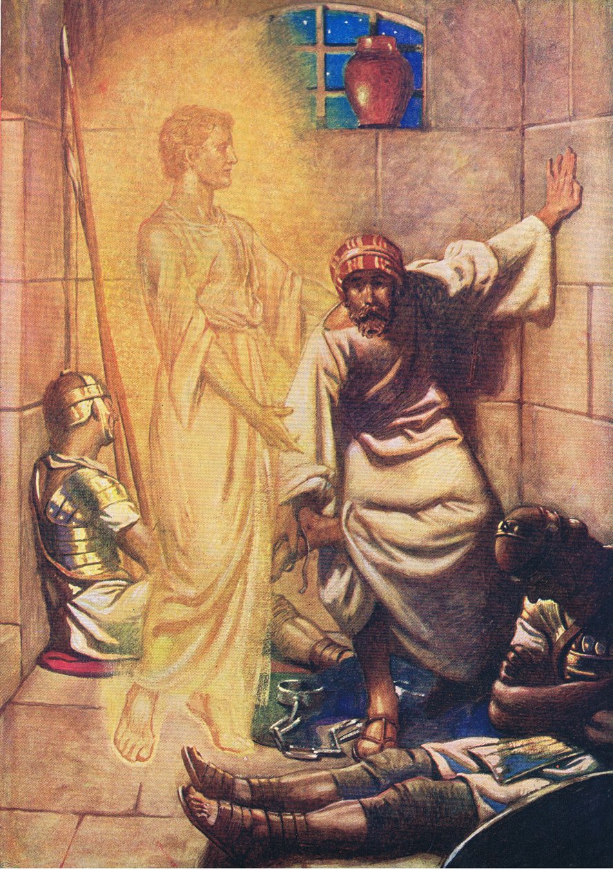 Petr vysvobozen z vězení, z knihy The Bible Picture Book vydané nakladatelstvím Thomas Nelson, cca 1950. od William Henry Margetson