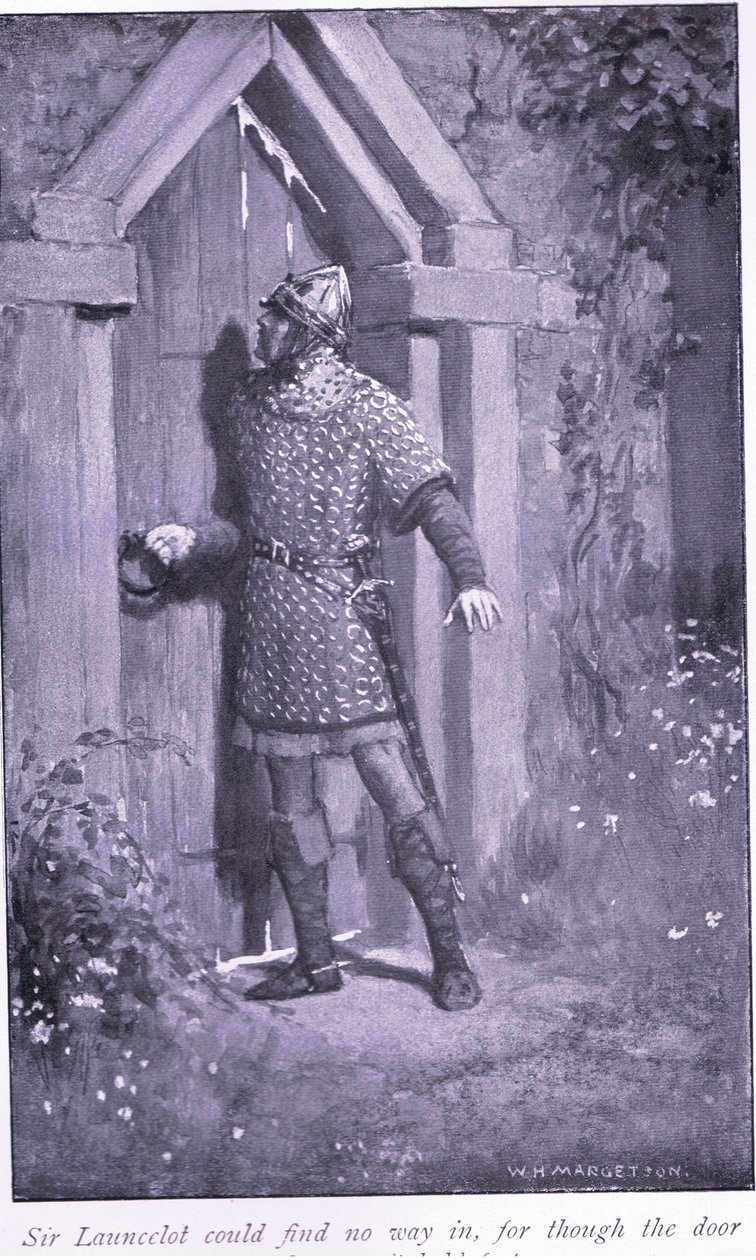 Sir Launcelot nemohl najít cestu dovnitř, protože ačkoli byly dveře staré a opotřebované, držely pevně. od William Henry Margetson