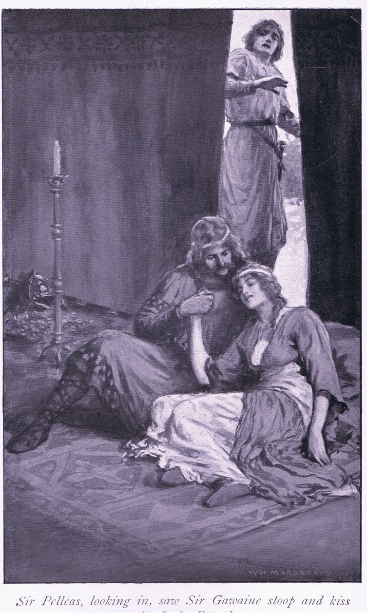 Když sir Pelleas nahlédl dovnitř, uviděl, jak se sir Gawaine sklonil a políbil paní Ettardovou. od William Henry Margetson